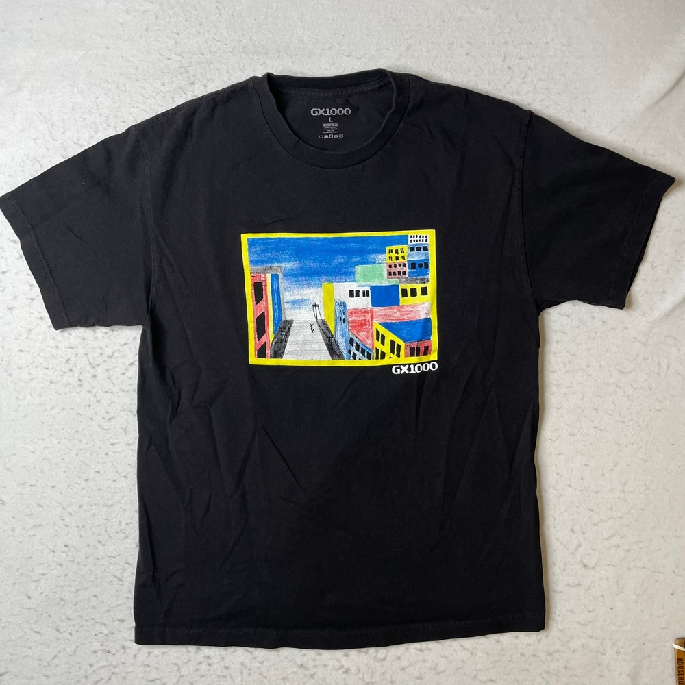GX1000 T-Shirt Mens Large Black City Graphic Skateboard Streetwear Short Sleeve